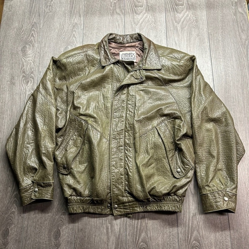 Vintage Leathers Leathers Olive Green Large Textured Leather Bomber Jacket Mens